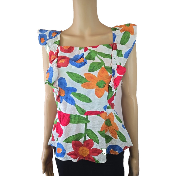 Skies Are Blue Tops - Skies are Blue Women's White Floral The Picnic Rffle Peplum Top Size Small